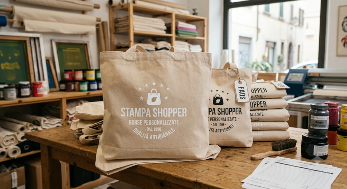 Borse e shopper in tessuto personalizzate con logo aziendale disposte sul tavolo da lavoro